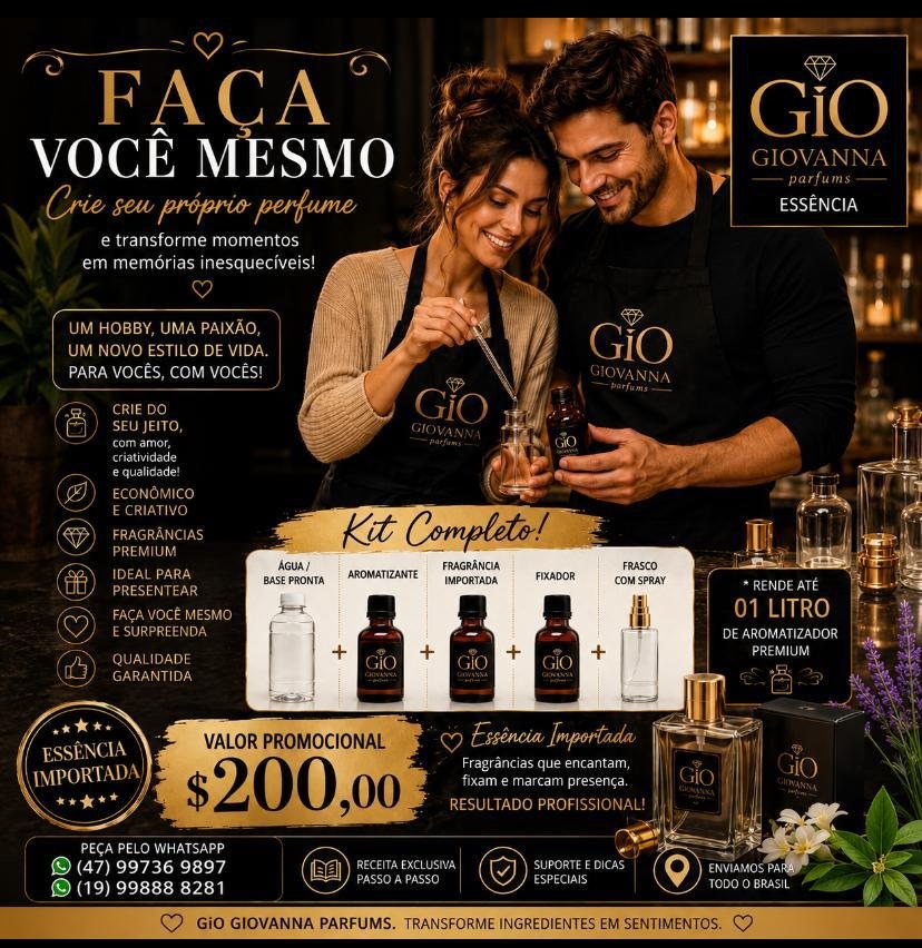 Kit Faça Você Mesmo da Gio Giovanna Parfums, com base pronta, aromatizante, fragrância, fixador e frasco com spray